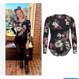 NWT LulaRoe Nova Black & Pink Floral Long Sleeve Body Suit Womans Sz Large